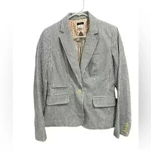 J. Crew Seersucker Blue and White Striped Cotton One Button Blazer Size 4